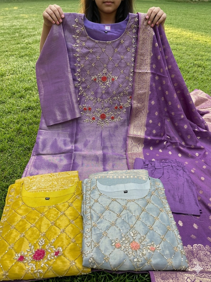 SEMI TISSUE SILkFABRIC KURTI WITH HAND EMBROIDERY AND PANT WITH CUTDANA BANARASI DUPATTA