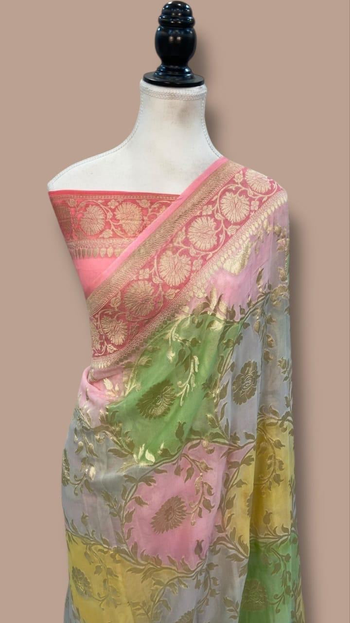 **HANDBRUSH BANARASI HANDLOOM PURE KHADDI GEORGETTE SAREE MADE BY HANDLOOM**
